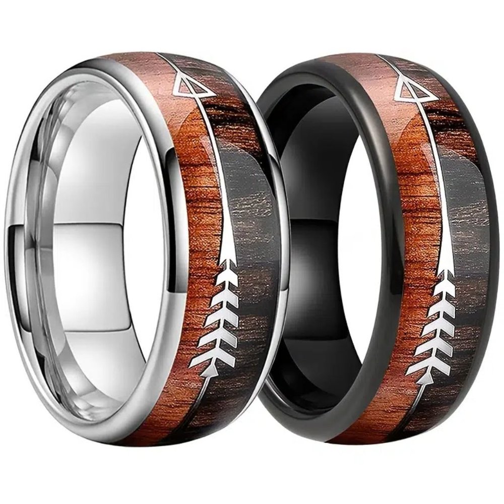 Handsome Men's Outdoorsmen Wood Inlaid Brown Silver Arrow Titanium Ring Sz 10